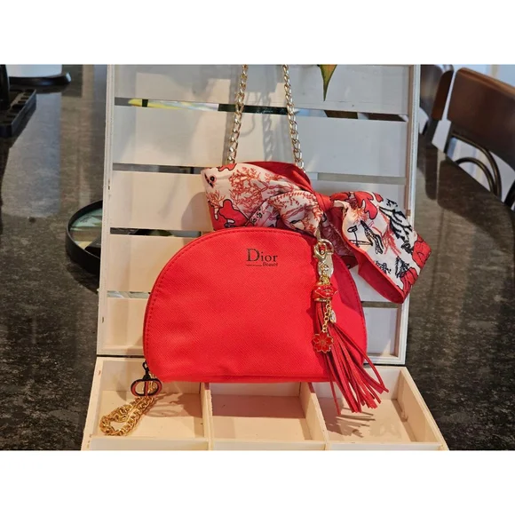 Christian Dior Red Clutch w/Crossbody Chain, Charms & Twilly Added NWOT - Picture 3 of 15